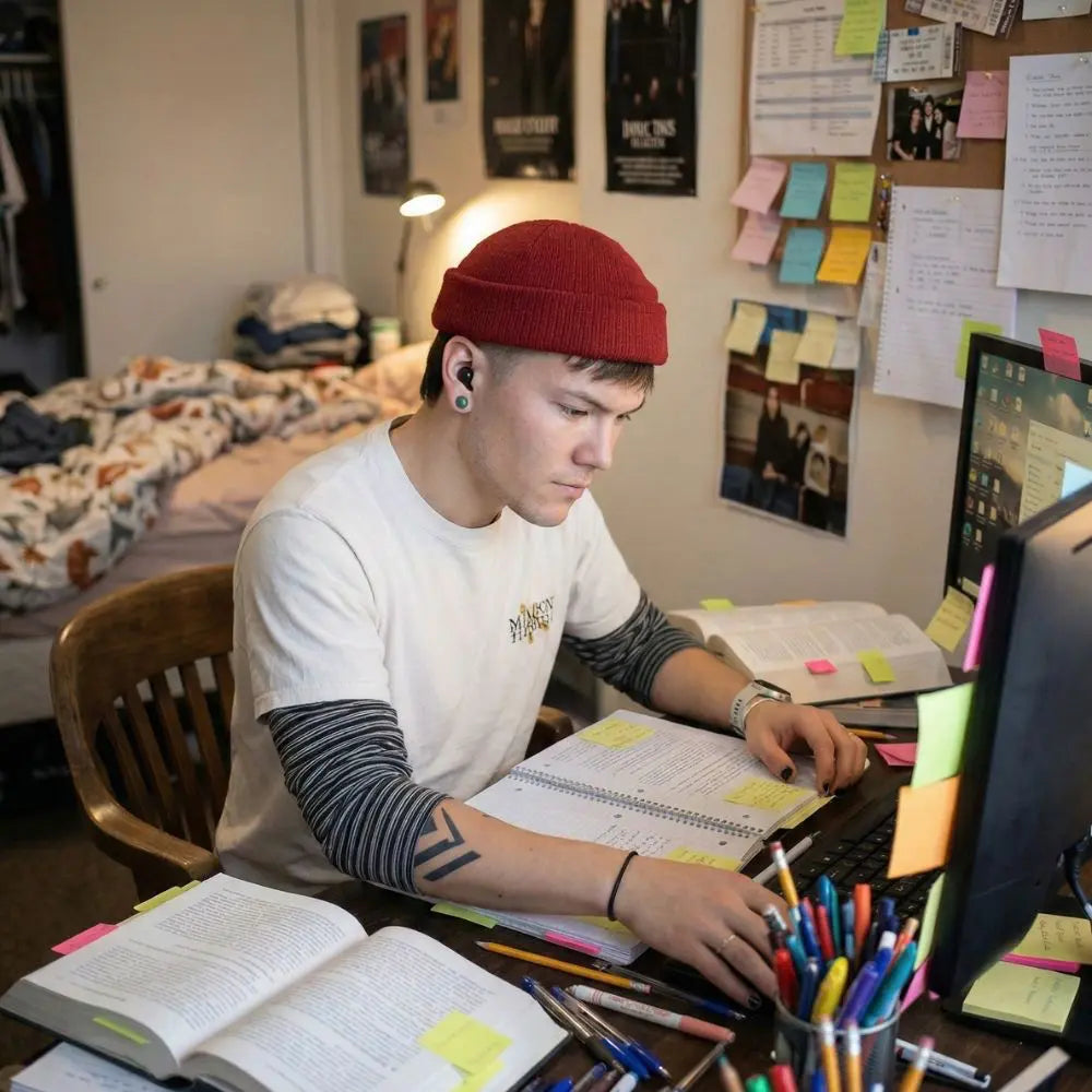 imagen de un chico estudiando con tapones Mood | Neuromart