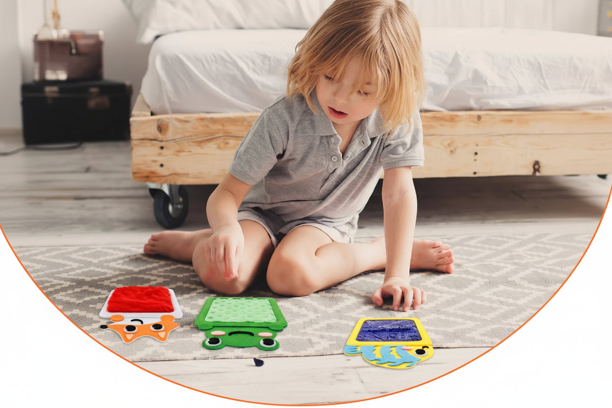 Niño jugando con alfombrillas de diferentes texturas | Neuromart