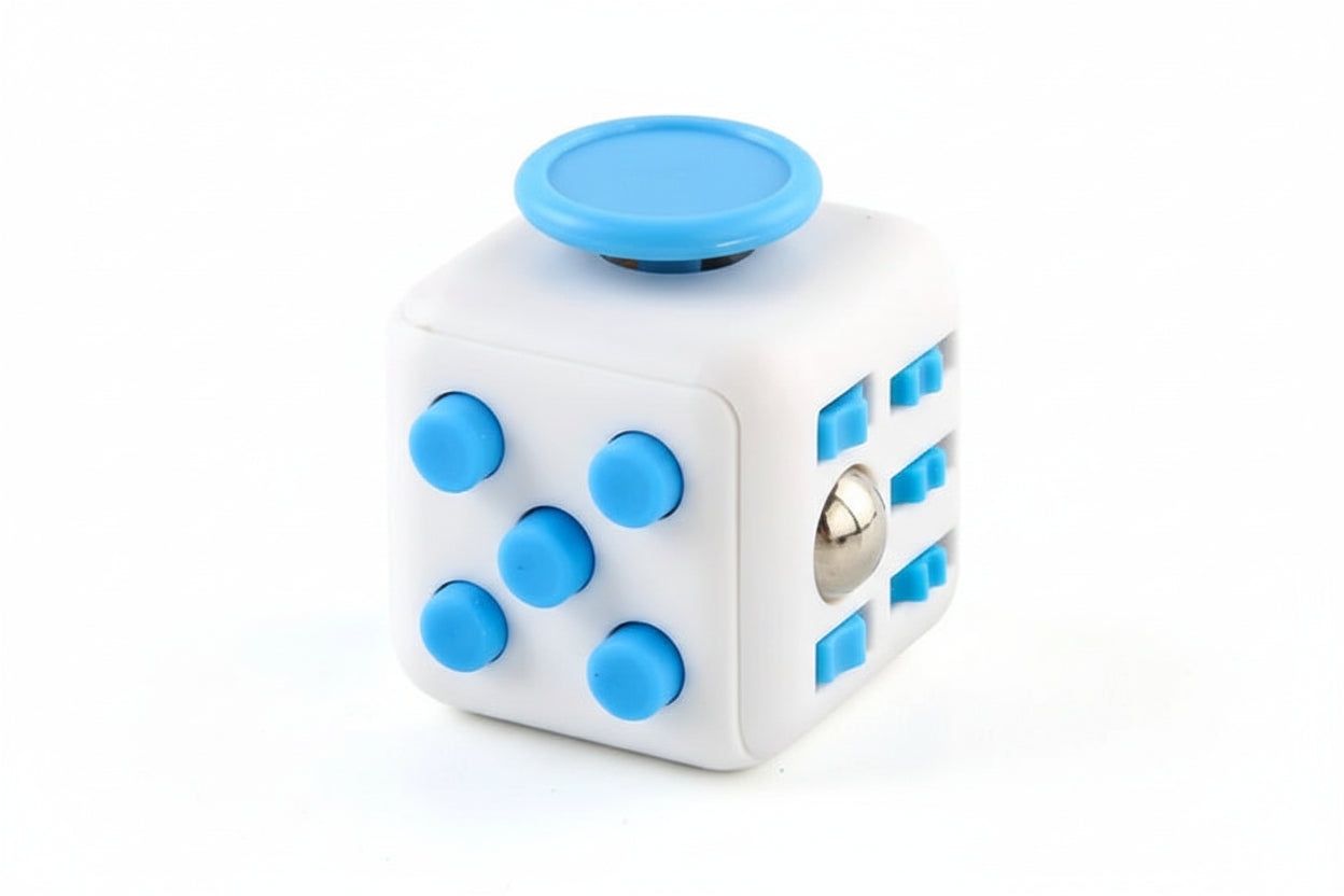 Juguete sensoria tipo fidget con forma de dado blanco y azul | Neuromart