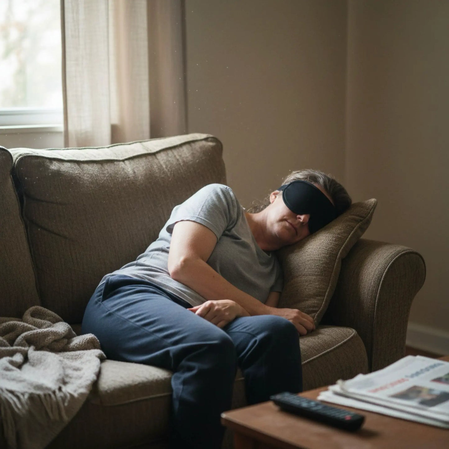 Persona durmiendo en e sofá con un antifaz Blackout de Mood | Neuromart