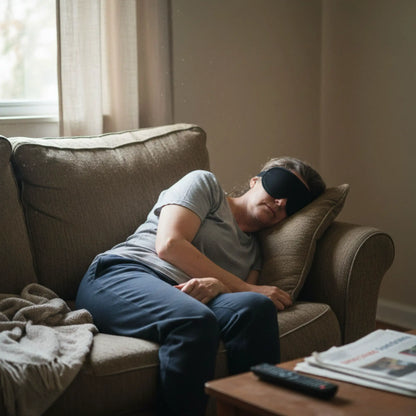 Persona durmiendo en e sofá con un antifaz Blackout de Mood | Neuromart