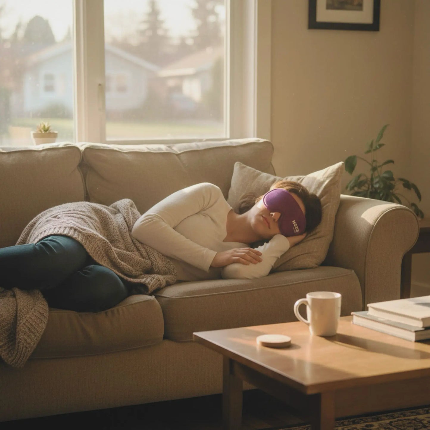 Persona durmiendo en el sofá con un antifaz de Mood | Neuromart