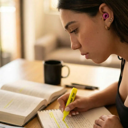 Chica estudiando llevando unos tapones rosas para estudiar de Mood | Neuromart